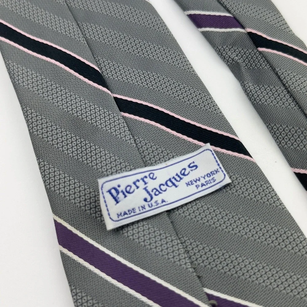 Vtg Pierre Jacques Mens Striped Silk Blend Tie Grey Purple Black Pink Made‎ USA